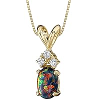 PEORA 14K Yellow Gold Created Black Opal with Genuine Diamonds Pendant for Women, Dainty Solitaire, AAA Grade Oval Shape, 7x5mm