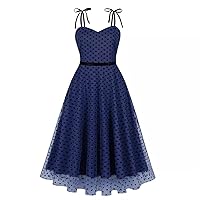 Women's Polka Dots Mesh Patchwork Cocktail Dress Lace-Up Spaghetti Strap A-Line Dress 1950s Vintage Tulle Dresses