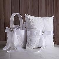 Ring Bearer Pillow and Wedding Flower Girl Basket Set Pearl Rhinestones White Satin Lace Collection