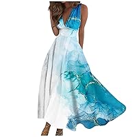Summer Dresses for Women 2024 Sleeveless Flowy Ruched Boho Sundresses Printed Wrap V Neck Beach Dresses Maxi Dress