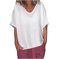 Juniors Short Sleeve Tshirts Loose Fit Long Tops Tee for Women Vneck Linen Plain Fall Summer Shirts 2024 Trendy