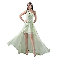 Sage Green One Shoulder Beaded Prom Dress With Long Sheer Overlay