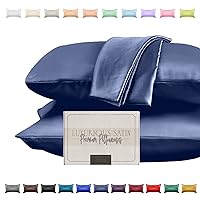 Elegant Comfort Silky and Luxurious 2-Piece Satin Pillowcase Set for Healthier Skin and Hair, Hidden Zipper Closure and Beautifully Packaged, Satin Pillowcase Set, Standard/Queen, Navy Blue