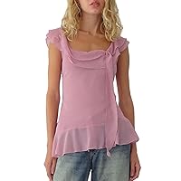 Women Ruffle Trim Chiffon Tank Tops Sleeveless Backless Square Neck Solid Y2K Tops Vest Summer Cami Vest Shirts
