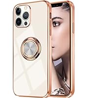 Omorro Compatible with Rose Gold iPhone 14 Pro Case for Women Girls Kickstand Ring Holder 360 TPU Rotation Ring Case with Stand Plating Edge Work with Magnetic Mount Slim Luxury Case, White