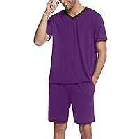 Ekouaer Mens Pajama Set Short Sleeve V Neck 2 Piece Nightwear Shorts With Pockets Summer Sleepwear PJS for Men