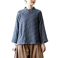 Loose Sleeve Floral Fleece Chinese Shirt Loose Chinese Style Tops Linen Cotton Blouse for Women
