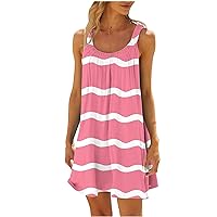 Summer Beach Dresses for Women Vacation Casual Sleeveless Scoop Neck Striped Letter Graphic Pleated Sun Dresses Loose Fit