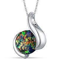 PEORA Created Black Fire Opal Iris Solitaire Pendant Necklace for Women 925 Sterling Silver, 1.75 Carats Round Shape 8mm, with 18 inch Chain