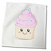 3dRose Cute Pink Happy Cupcake with Stars and Silver Pearls - Kawaii Smiling... - Towels (twl-76562-3)