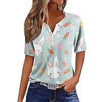 Easter Shirts for Women,Short Sleeve Shirts for Women Easter Eggs Print Henley Neck Buttons Tops Cute Tops for Women