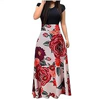 Floral Dress for Women 2024 Fashion, Short Sleeve Round Neck Casual Summer Flowy Maxi Dresses High Waist Long Dress
