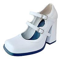 Women Chunky Heel Mary Jane Shoes, High Heel Pumps Square Toe Buckle Party Shoes Simple, Size 3.5-11.5