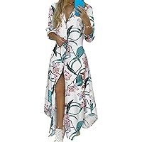 EFOFEI Women's Long Sleeve Button Down Shirt Dresses Casual Floral Print Maxi Dress Loose Fit Split Blouse Dress