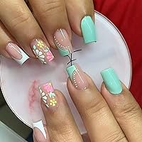 Flower Press on Nails Medium Square Fake Nails Green French False Nails with Designs Glossy Artificial Nails Summer Glue on Nails Reusable Stick on Nails for Women Girls Nail Decorations
