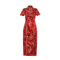 Short Sleeve Long Qipao Brocade Chinese Traditional Cheongsam Dress for Womens