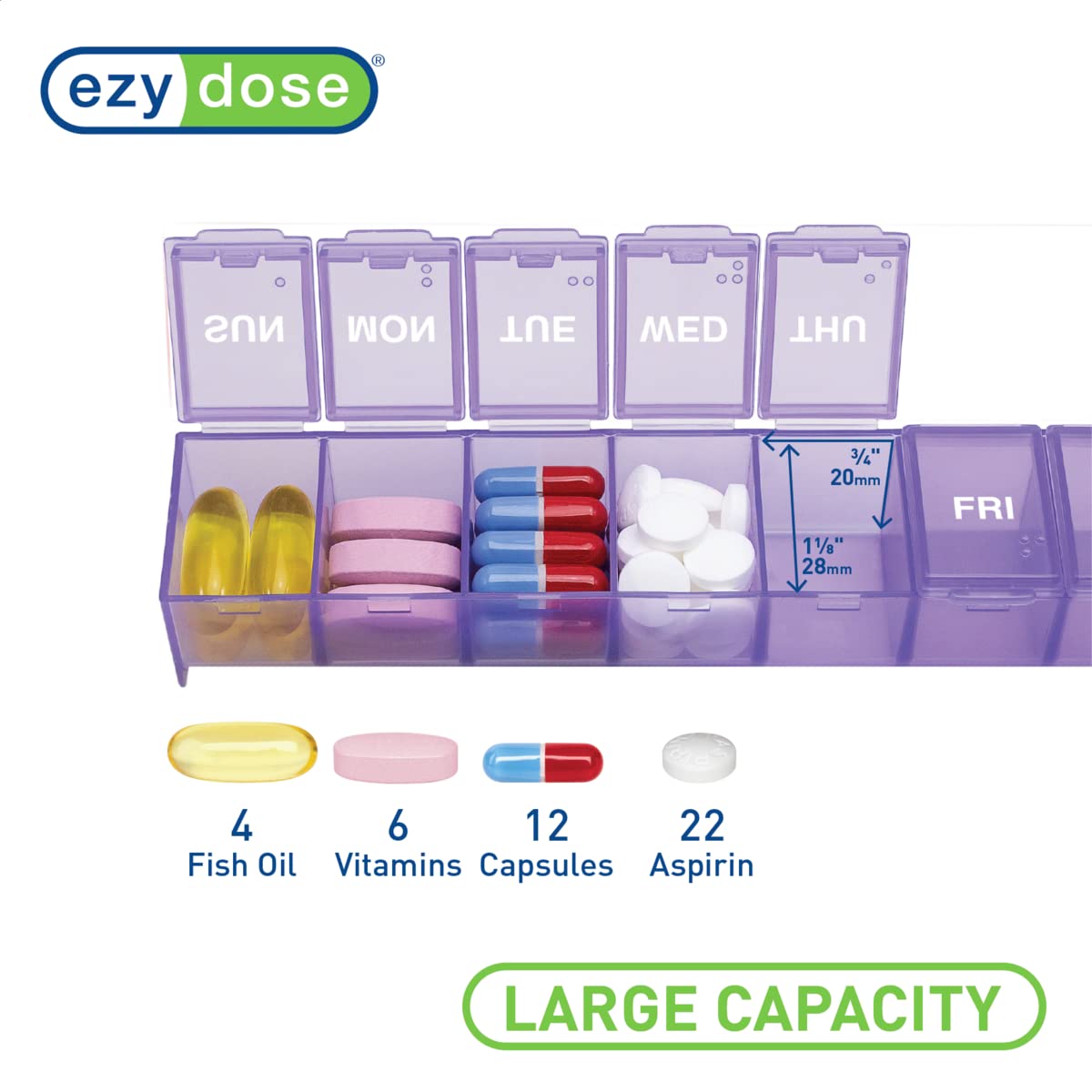 EZY DOSE Weekly (7-Day) Pill Organizer, Vitamin Case, and Medicine Box, Large Compartments, Color May Vary