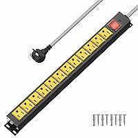 12 Outlet Heavy Duty Power Strip with 15A Circuit Breaker,Metal Wall Mount Power Strip for Garage Workshop Industrial 1200J 15A 125V 1875W 6ft Cord