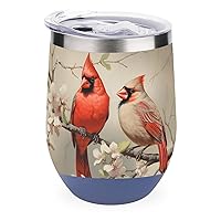 Cardinal Birds On Almonds Branch 12 Oz Wine Tumbler with Lid Double Wall Travel Mugs Stainless Steel Wine Glasses for Cold & Hot Drinks