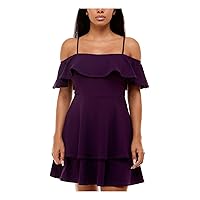 B Darlin Womens Purple Stretch Ruffled Zippered Adjustable Straps Layered Hem Flutter Sleeve Off Shoulder Short Party Fit + Flare Dress Juniors 11