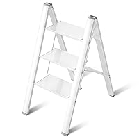 3 Step Ladder Aluminum Lightweight Folding Step Stool Wide Anti-Slip Pedal 330 Lbs Capacity Household Office Portable Stepladder,White