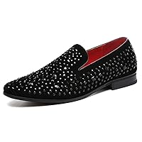 Loafer Smoking Slipper Moccasins Men Slip on Handmade Rhinestone Studded Pointed Toe Shoes Black