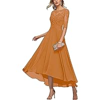 Women's Scoop Neck Asymmetrical Lace Applique Mother of The Bride Dresses 1/2 Sleeves Chiffon Evening Dresses