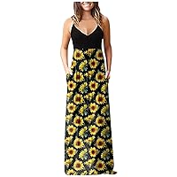 Women's Casual Dresses Chic Vintage Ethnic Printed Bodycon Cami Vest Tank Top Sleeveless Camisole Long Dress with Pocket Summer Sundress Daily Wear Streetwear(7-Yellow,14) 1804