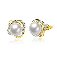 18K Gold Plated Clover Shaped Noble Stud Made with Austrian CZ Stone and a Round Imitation Pearl