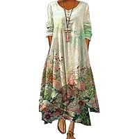 Women Floral Print Boho Dress Long Sleeve Wrap Crew Neck Flowy Summer Tunic Dress Casual Loose Swing Shift Dresses