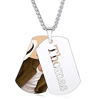 Dog Tags Necklace with Personalized Photo Name Engraved for Men Stainless Steel Wheat Chain Military ID Pendant Memorial Picture Custom Gifts for Dad Boyfriend Son