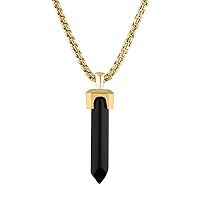 Bulova Jewelry Men's Icon Black Onyx Obelisk Shaped Pendant, 14k Yellow Gold Plated Sterling Silver Round Box Link Chain Necklace, Length 24