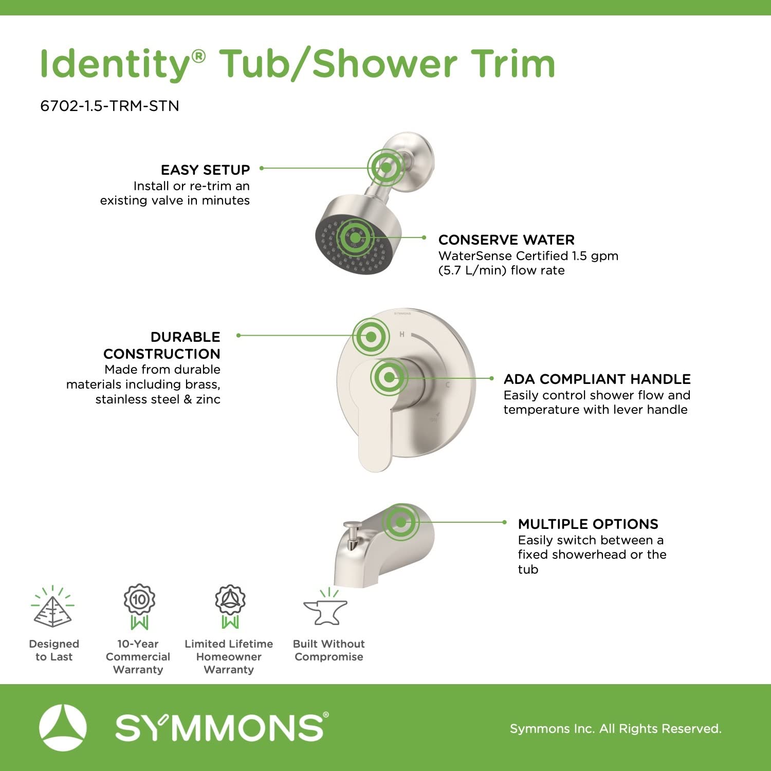 Symmons 6702-1.5-TRM-STN Identity Single Handle 1-Spray Tub and Shower Faucet Trim in Satin Nickel - 1.5 GPM (Valve Not Included)