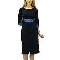 Bimba Women's Elegant 3/4 Sleeve Blue Straight Shift Dress Formal Wear
