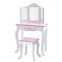 Teamson Kids Princess Gisele Giraffe Print 2-Piece Kids Wooden Play Vanity Set with Vanity Table, Tri-Fold Mirror, Storage Drawer, and Matching Stool, White with Pink Animal Print Accent