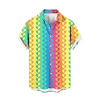 Men's Color Stripes Short Sleeve Hawaiian Shirts Button Down Lapel Color Block Casual Summer Beach Holiday Shirt Top