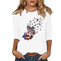 Women's Three Quarter Sleeve Tops Comfy Round Neck Slim Blouse Independence Day Print Trendy Tunic 2024 Plus Size Shirt