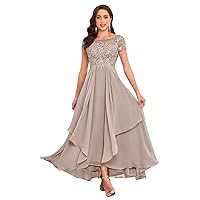 Lace Mother of The Bride Dresses for Wedding Short Sleeve Ruffle Chiffon Formal Evening Gown
