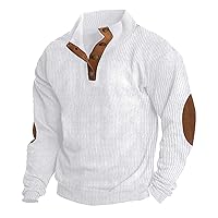 Mens Corduroy Shirt Lapel Collar Button Up Pullover Mock Neck Long Sleeve Sweaters Polo Sweatshirts with Elbow Patches