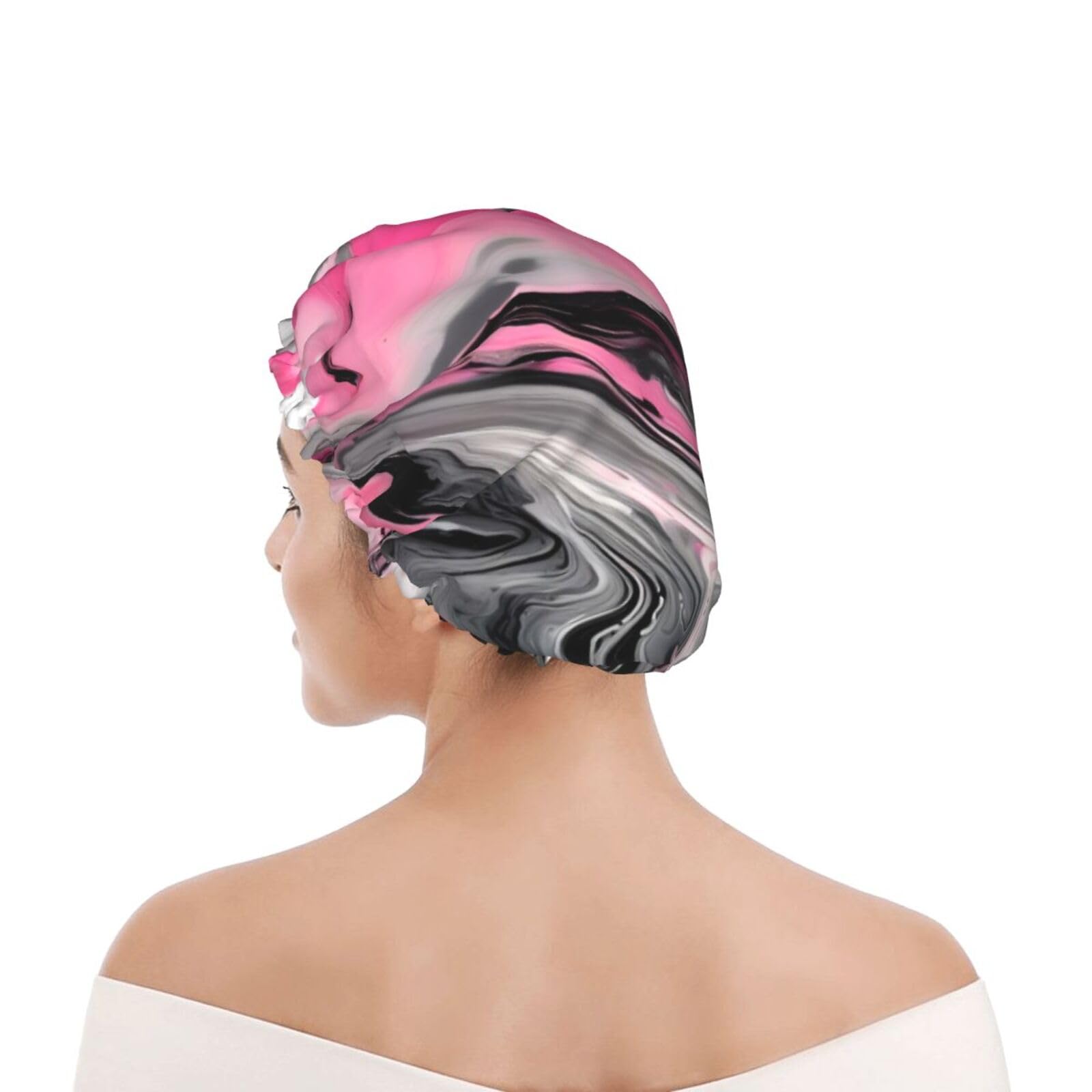 Pink Abstract Marble Gray Artistic Double Layer Waterproof Shower Cap - Women's Lightweight, Portable, Soft, Reusable Bath Accessory