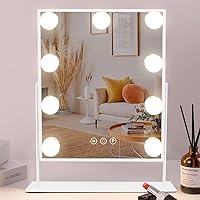 COOLJEEN Vanity Mirror with Lights, 9 Led Bulbs Lighted Makeup Mirror with Detachable 10X Magnification Mirror, Hollywood Mirror 3 Color Lights Tabletop Makeup Mirror, 360°Rotation