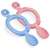 Vicloon 2 PCS Silicone Feeding Spoons, Silicone Baby Spoons for Baby Led Weaning, Self Feeding Baby Teething Spoons, Infant Spoons First Stage, Silicone Food Utensils for Ages 6 Months+（PINK&BLUE)