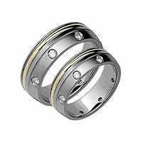 Titanium Diamond Wedding Band Set 14k Gold Inlay 7 Millimeters Wide Comfort Fit Him and Her