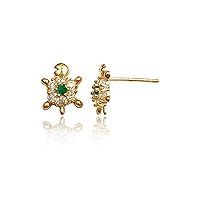 14K Yellow Gold Micropave Clear and Green Emerald Cubic Zirconia Turtle Stud Earring