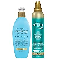 OGX Argan Oil of Morocco Curling Perfection Curl-Defining Cream, Hair-Smoothing Anti-Frizz Cream to Locking + Curls Decadent Creamy Mouse, Coconut, 7.9 Oz