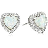 Amazon Collection Sterling Silver Created Opal and Created White Sapphire Halo Heart Stud Earrings