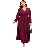 KOJOOIN Women Plus Size Wrap Maxi Dress Long Lantern Sleeves Empire Waist Split A Line Casual Dresses VC Solid Wine Red 3XL