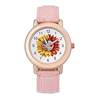Sunflower US and Canada Flag Women's Watches Classic Quartz Watch with Leather Strap Easy to Read Wrist Watch