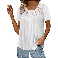 Dressy Casual Tshirt Women Front Pleated Tops Hide Belly Lace Crewneck Blouses Elegant Flowy Short Sleeve Shirts