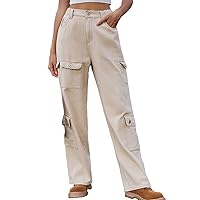 Womens Outdoor Hiking Cargo Jean Pants with Flap Pocket 2023 Fall Elastic Back Mid Waist Straight Leg Denim Pant